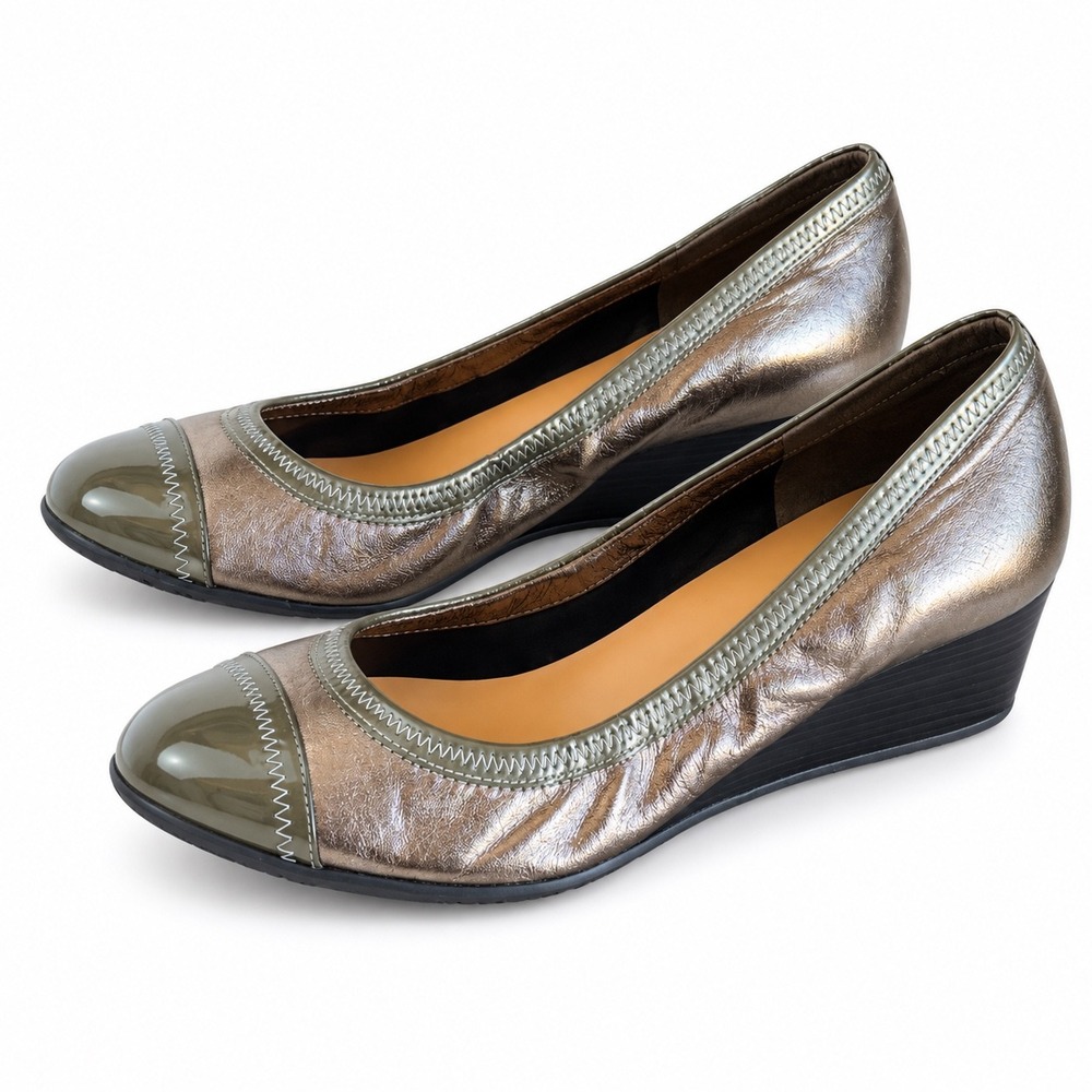 Cole Haan Air Tali Wedge Pumps Women 8.5B Bronze Olive Metallic Cap Toe Comfort